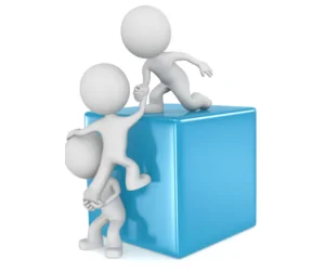 Cartoon Character On A Blue Box Helping Other Cartoon Characters To Signify How Helping Other People Can Help Build Contacts When Networking