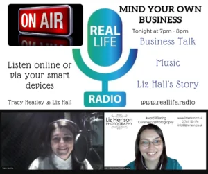 Social media post advertising Liz Hall On Mind Your Own Business on Real Life Radio