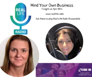 Image of Tracy Heatley interviewing Lisa Sourbutts from CUBE HR, with the details of the Mind Your Own Business Radio show