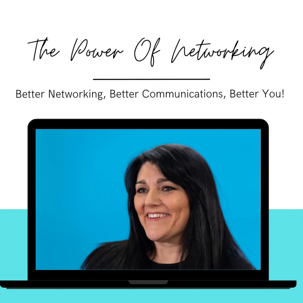 The Power of networking for online networking workshops page Tracy Heatley's face on a laptop screen to show what online networking will look like