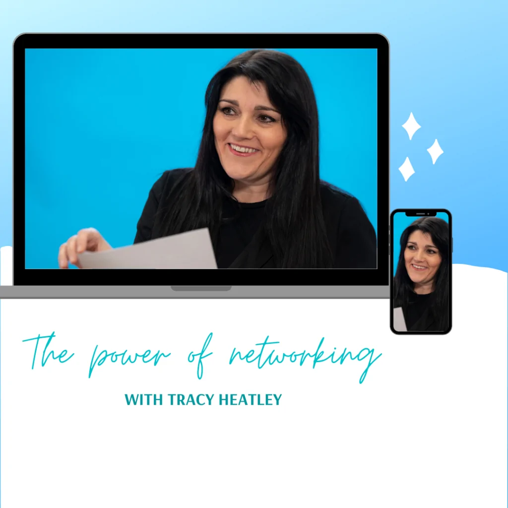 Image of Tracy Heatley in an online one-to-one networking coaching session Image of Tracy Heatley on a laptop and mobile phone with a title image that says, The Power Of Networking With Tracy Heatley