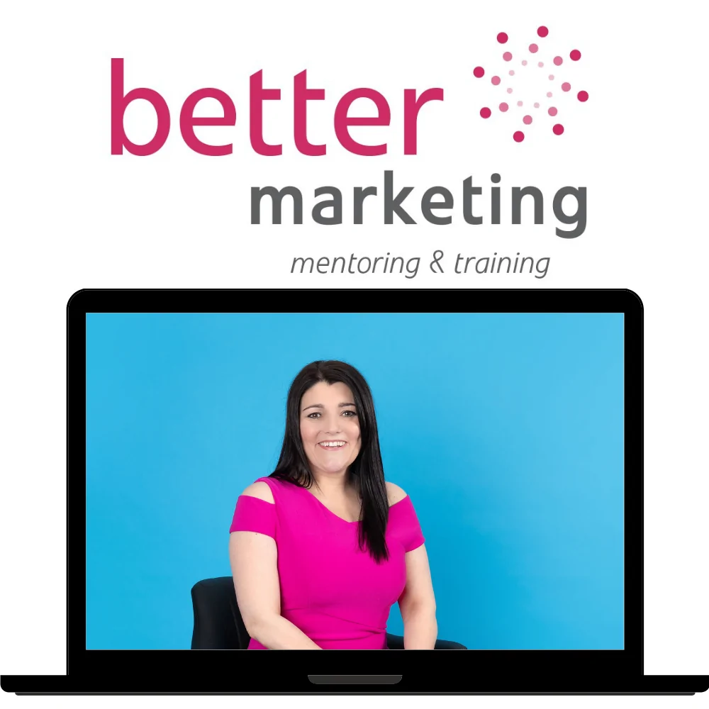 Laptop image of Tracy Heatley with the Better Marketing Online Mentoring logo