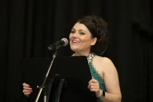 Tracy hosting a business awards event Tracy Heatley being an events host and MC at a business awards event