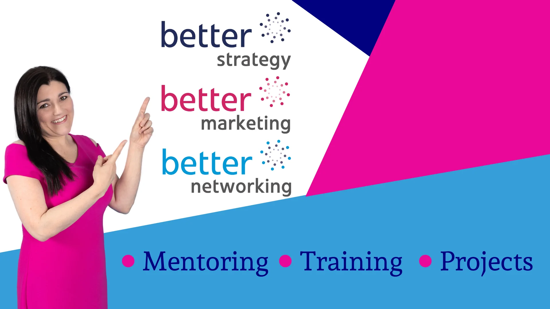 Final web cover September 2023 (2) Tracy Heatley's Be Better With Tracy Heatley website home page cover image that shows she does Better Strategy, Better Marketing, and Better Networking, mentoring, training, and project services.