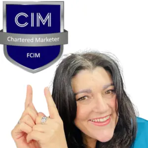 Enhancing Customer Engagement with podcast image of the Better Marketing host, Tracy Heatley, pointing towards her CIM Chartered Marketer badge