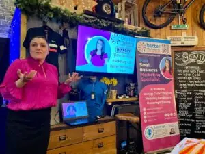 Tracy Heatley delivering a talk on AI Marketing to business owners at the Rossendale Digital Hub talk, at The Rossendale based Hike Hub.