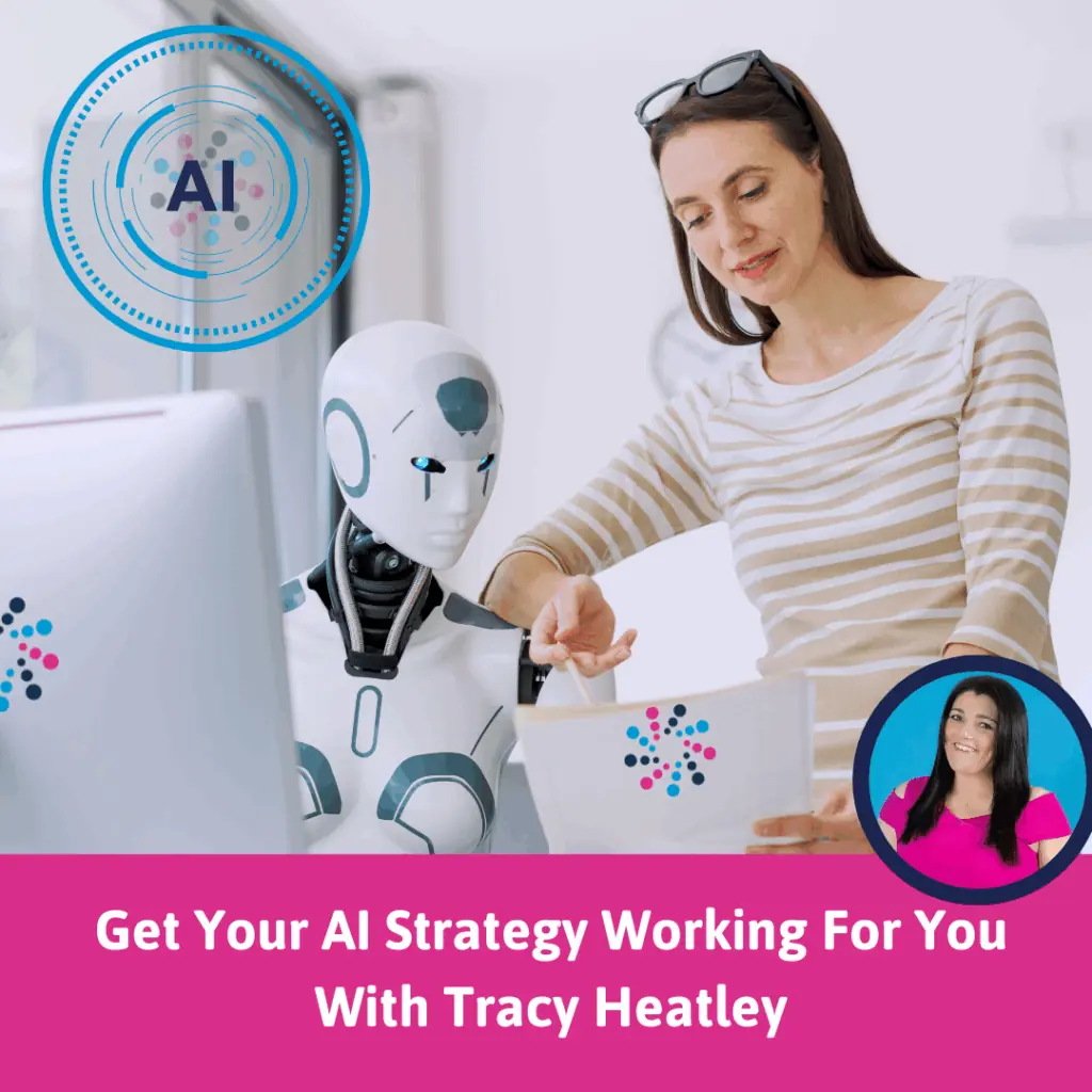 AI Strategy Session Businesswoman planning marketing strategy with AI robot, representing tailored AI marketing sessions with Tracy Heatley