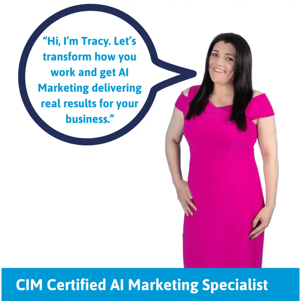 ChatGPT Training Tracy AI ChatGPT Marketing Training Image of Tracy Heatley saying, "“Hi, I’m Tracy. Let’s transform how you work and get AI Marketing delivering real results for your business.”