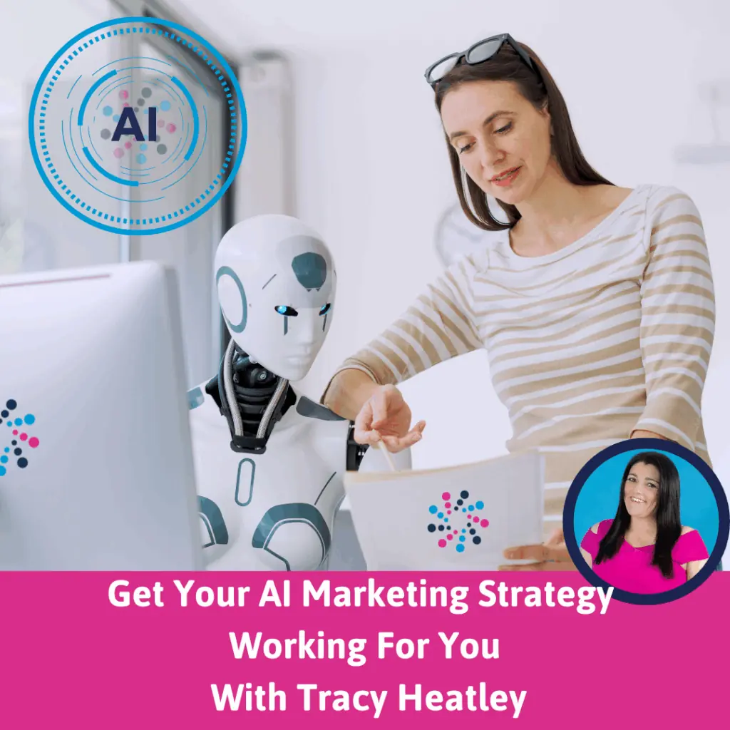 Ai Marketing Strategy Website AI Marketing Strategy with Tracy Heatley – woman collaborating with a humanoid robot, symbolising AI tools, alongside branding and Tracy Heatley’s photo.